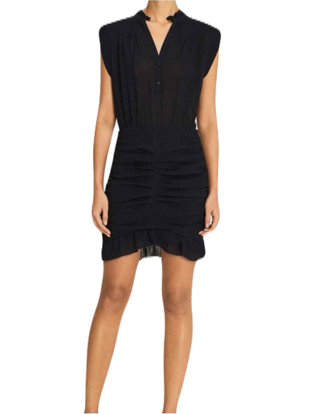 ba&sh Women’s Size 0 Navy/Black Cap-Sleeve V-Neck Ruched Crepe Isa Mini Dress